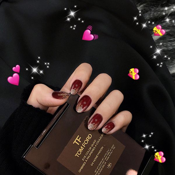 

24pcs faux nails wine red nail art false nails with golden glitter round medium wedding artificial diy tools with glue, Red;gold