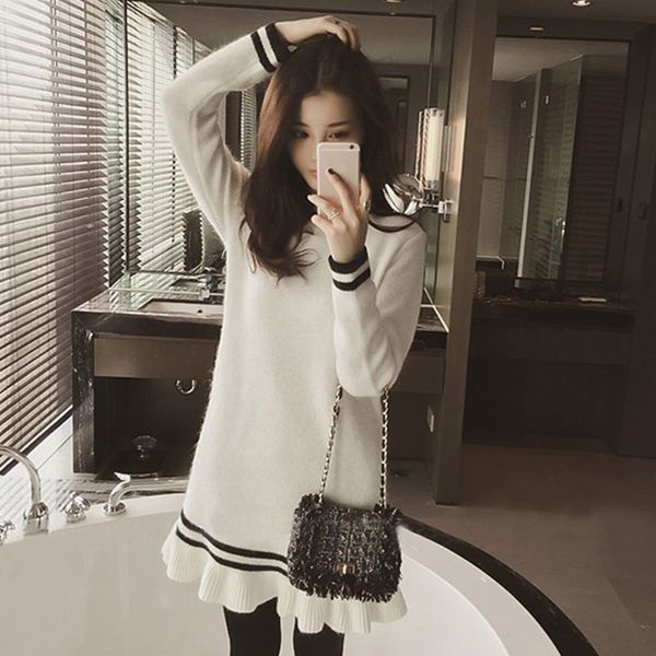 

autumn simple casual slim ruffled long sweater round neck basic long sleeve women's bottoming pullover, White;black