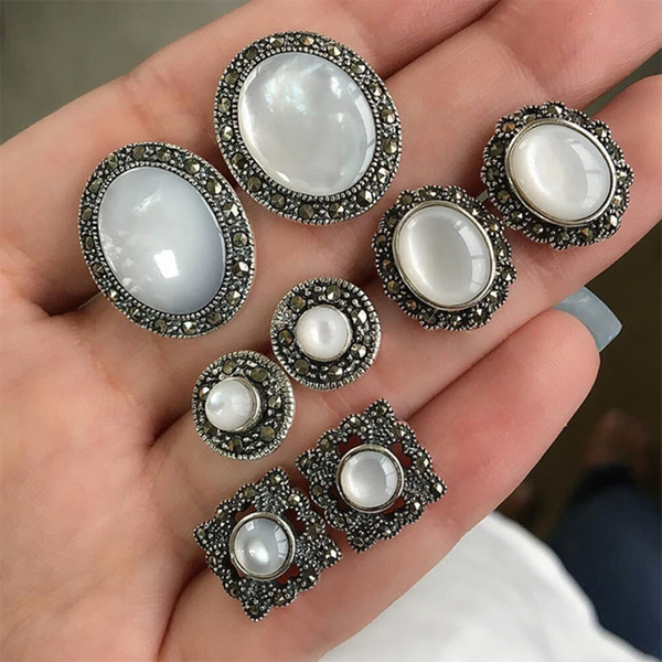 

4 pairs/set retro opal stone stud earrings for women ancient silver color round stone earrings cobblestone ear brinco jewelry, Golden;silver