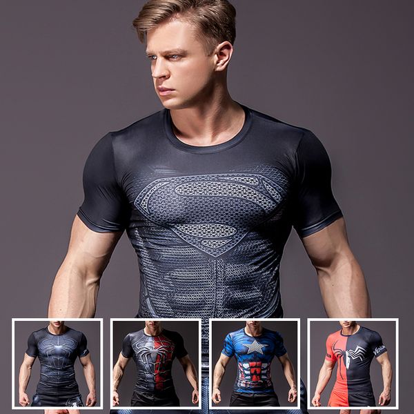 

printed tshirts men compression fitness t-shirts fashion novelty slim summer tight tee superhero crossfit gym, Black;red