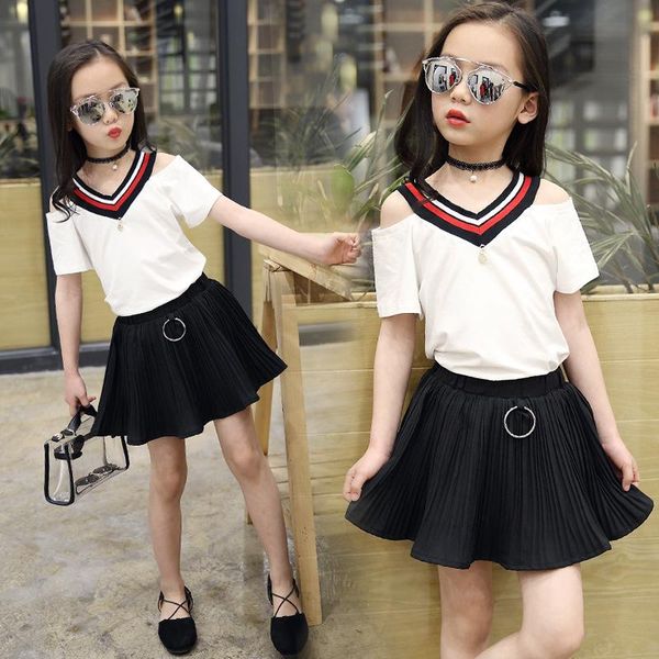 

хлопок летом девочек костюм новый с короткими рукавами v-образным вырезом футболка + юбке детской одежды, White