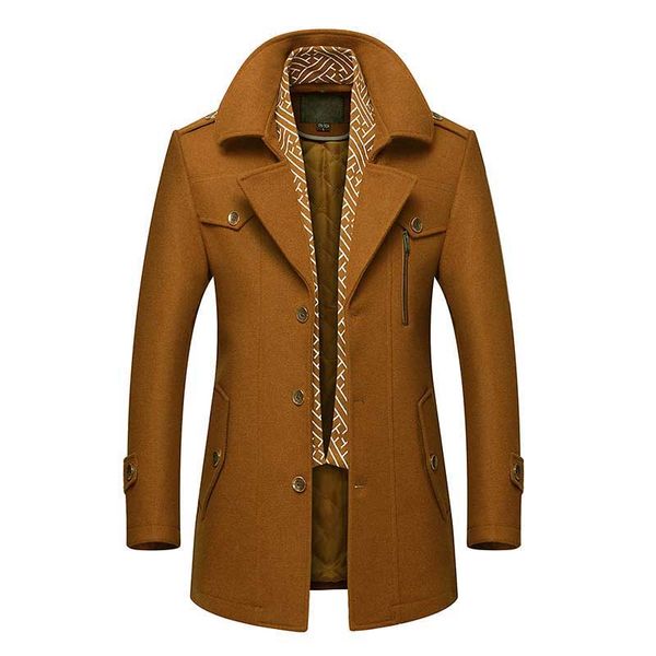 

fashion double collar trenchcoat men woolen jacket autumn winter warm coat windbreaker man clothing, Black