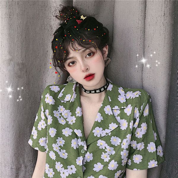 

summer boho beach style women blouses korean flower print short sleeve blusas mujer vintage turn-down collar female shirts, White
