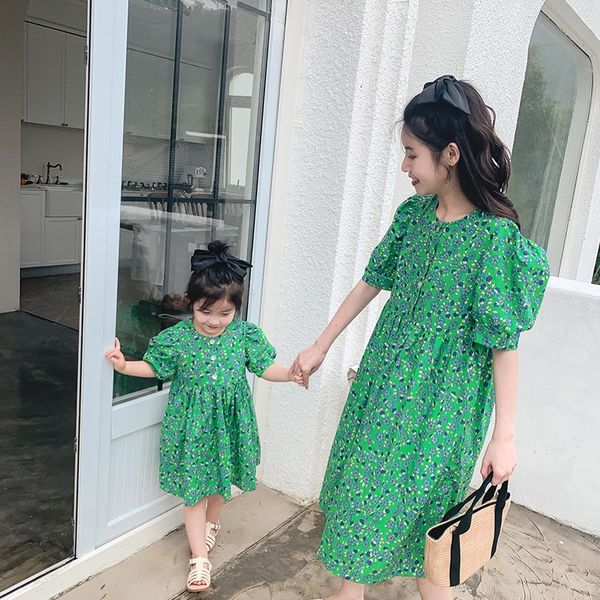 

family matching outfits 2021 summer children floral chiffon princess dress daughter and mother short sleeve fashionable parent-child dresses, Blue