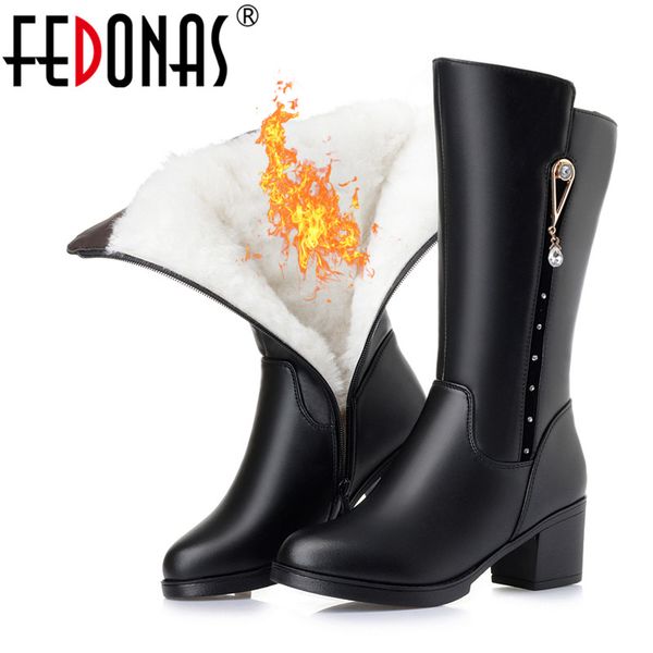 

fedonas women mid-calf high boots wool fur snow boots warm long rhinestone party shoes woman high pumps, Black