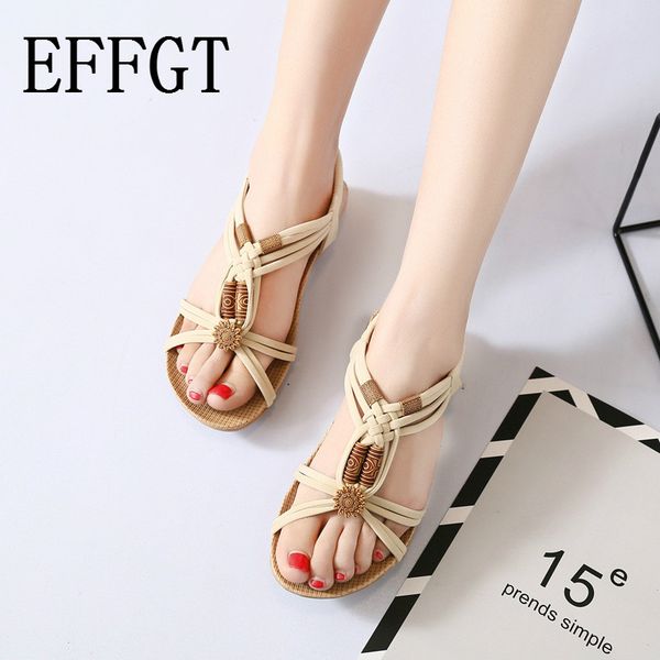 

effgt women sandals bohemian women shoes beaded summer casual shoes elastic band ladies sandals 2019 fashion flat, Black