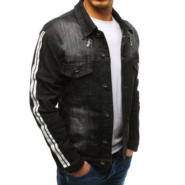 

men fashion hole denim jacket men hip hop style lapel pocket cowboy coat 2019 new retro black spring autumn stripe jackets, Black;brown