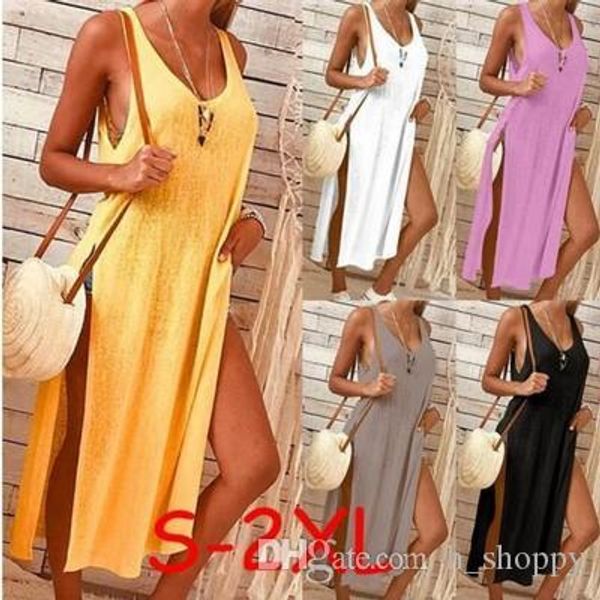 

2019 summer new women's skirt solid color fashion split v-neck sleeveless loose dresses size s-2xl, Black;gray