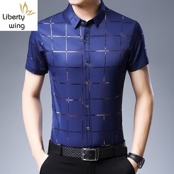 

business casual men turn-down collar plaid slim summer new short sleeve fashion formal shirt comfortable camisa hombre 3xl, White;black