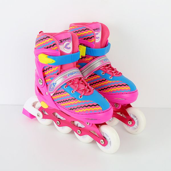 

1 pair children double line inline skates skating shoes adjustable size breathable patines pu flashing wheels pink blue