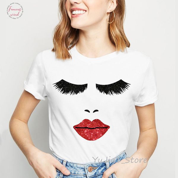 

lips eyelash makeup tshirt women clothes 2019 vogue funny t shirts camiseta mujer haut femme white casual female t shirt