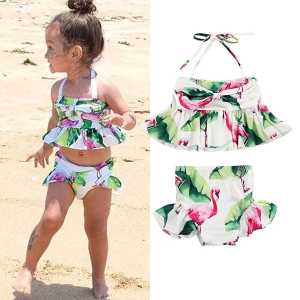 

2018 new kid baby girl flamingo tankini bikini set two piece girl beachwear halter ruffle swimwear summer style swimsuit costume