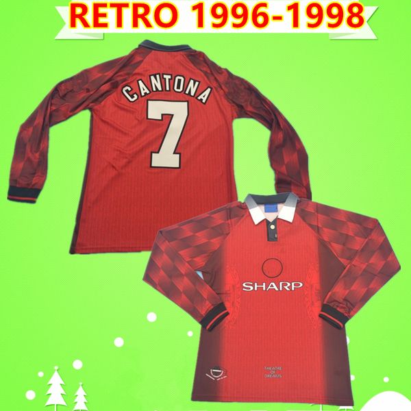 

long sleeve cantona beckham solskjaer keane 1996 1998 retro united soccer jerseys red utd 96 98 man vintage classic cole football shirts, Black;yellow
