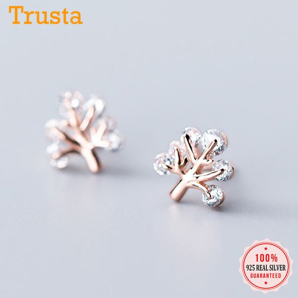 

trustdavis genuine 100% 925 sterling silver cute sweet dazzling cute tree cz stud earrings for women wedding jewelry gift ds2179, Golden;silver