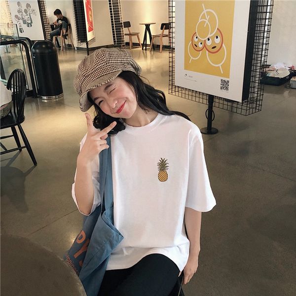 

100% cotton cotton 2020 women's embroidery short-sleeved t-shirt pineapple and pineapple women's wear, White