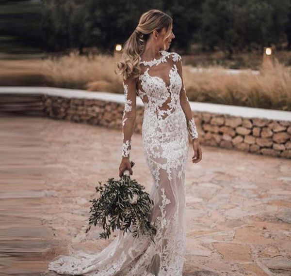 Sereia aberta volta boho vestidos de casamento 2019 mangas compridas rendas jardim país igreja noiva vestidos de noiva feitos sob encomenda mais size231g