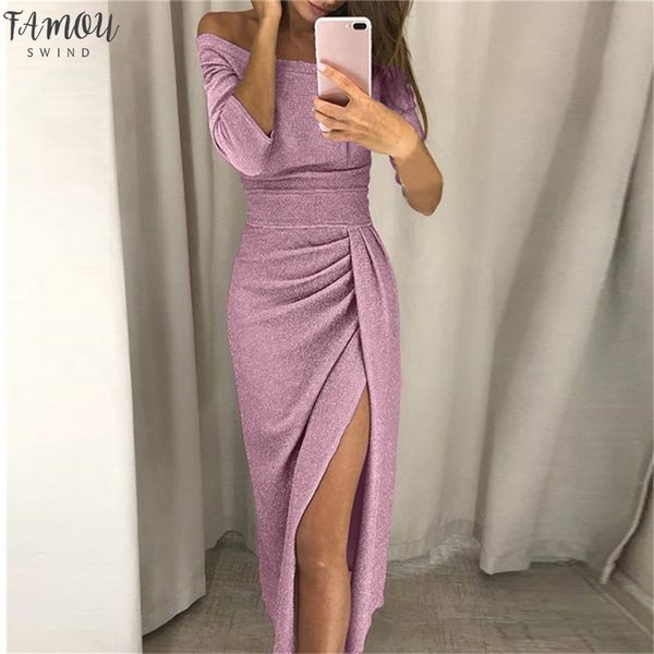 

off shoulder party dress women high slit peplum bodycon dress autumn three quarter sleeve bright silk shiny dress, Black;gray