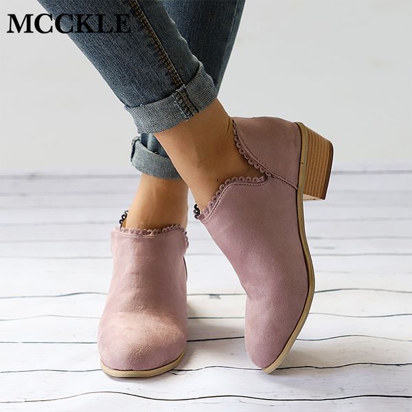 

mcckle autumn woman clog heel ankle boots plus size low heel shoes fashion slip on female short boot casual square shoe, Black