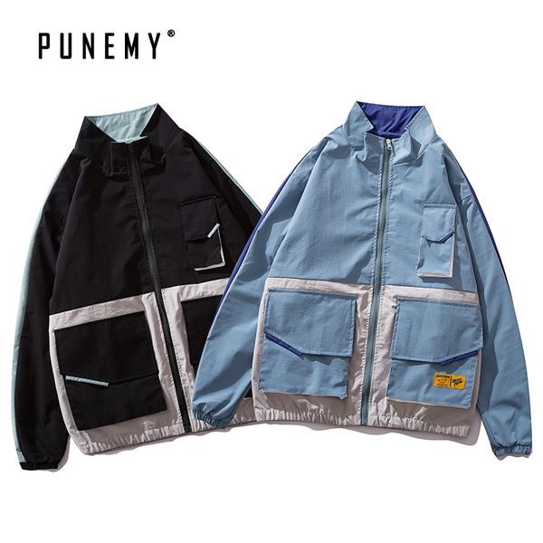 

men jackets coats windbreaks stand-collar multi-pockets zipper oversize hip hop harajuku japanese streetwear man's cargo jakcets, Black;brown