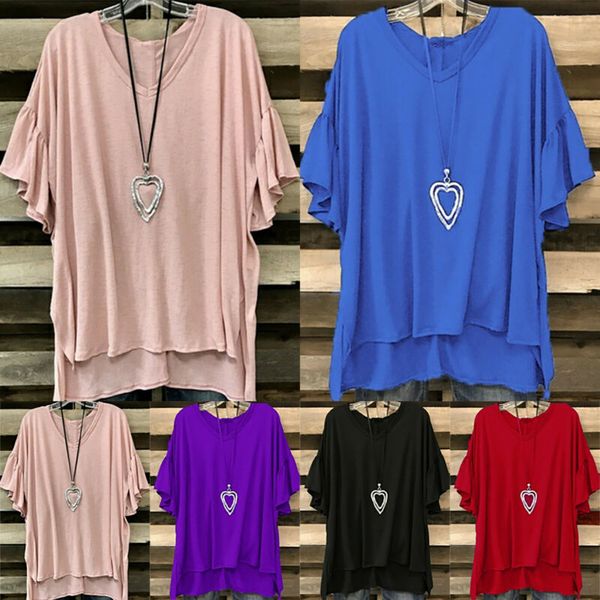 

women summer short sleeve v-neck casual loose long t-shirt blouse tee shirt, White