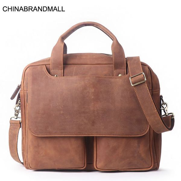 

15-дюймовый натуральная кожа портфель телячьей кожи большой емкости сумки для мужчин