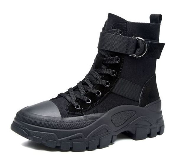 

2019 women buckle boots canvas mix genuine leather snow boots non-slip thick sole lace up shoes for women thick cotton shoes zy571, Black