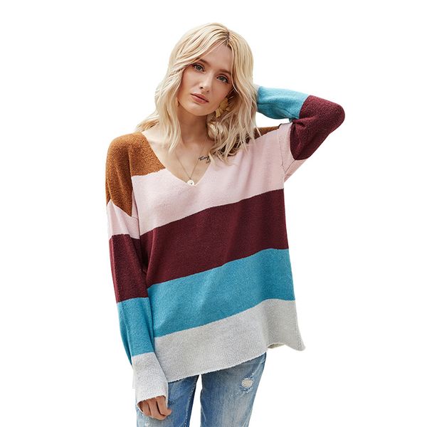 

long sleeve casual v-neck pullover sweater 2020 backless loose knitted sweater striped contrast color female for women, White;black