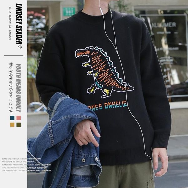 

lindsey seader round neck loose dinosaur sweater 2020 korean style knit pull sweater mens casual outwear men clothes, White;black