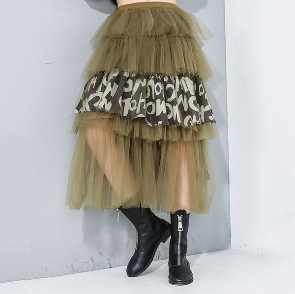 

[eam] high elastic waist letter print mesh split joint cake half-body skirt women fashion tide new spring autumn 2020 1r173 cx200703, Black