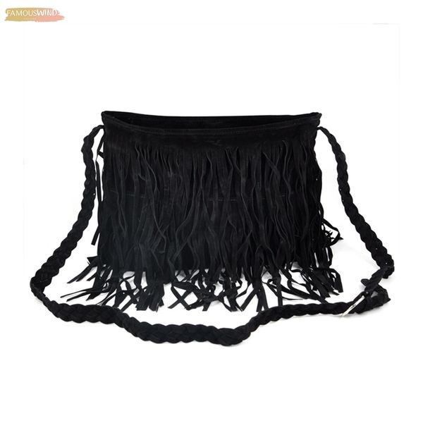 

boho plain hippie fringed polyester tassel suede shoulder messenger x body hand bags purses black