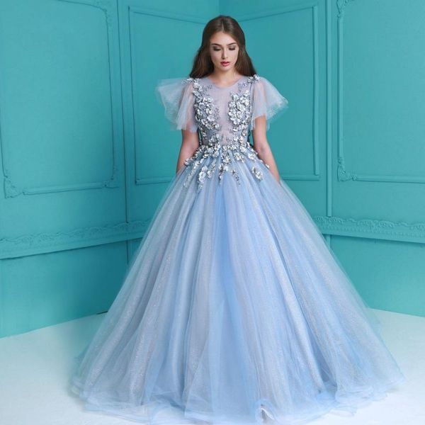 

light sky blue ball gown prom dresses jewel neck sequined evening gowns appliqued floor length vestidos de fiesta tulle beaded formal dress, Black