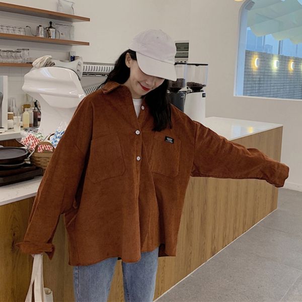 

new 2019 autumn women wild shirt pocket button turn-down collar thick shirt all-match female, White