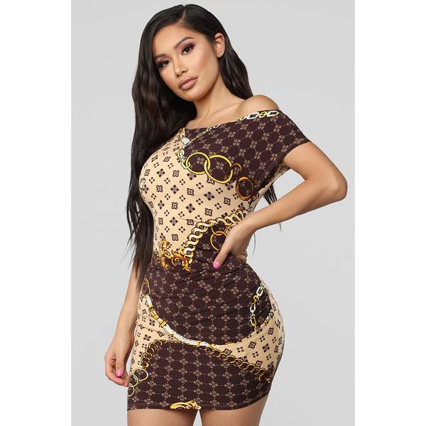 

explosion models 2019 fashion oblique collar gold chain print tight dress women's bag hip brown casual dress, Black;gray