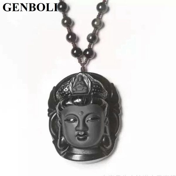 

genboli vintage black color guanyin natural stone obsidian carved kwan-yin head pendant men women lucky jewelry for gift, Silver