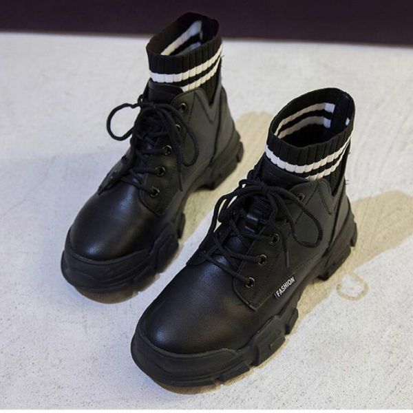 

hkxn boots women's autumn winter 2019 new round-head british wind boots plus velvet thick-sod short, Black