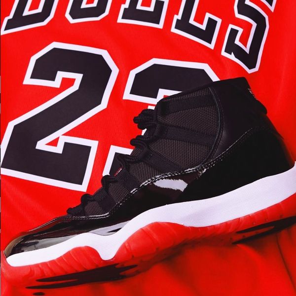 

with og box 378037-061 air jordan 11 bred 11s mens basketball shoes 11 black true red white women men sports sneakers 5.5-13, White;red