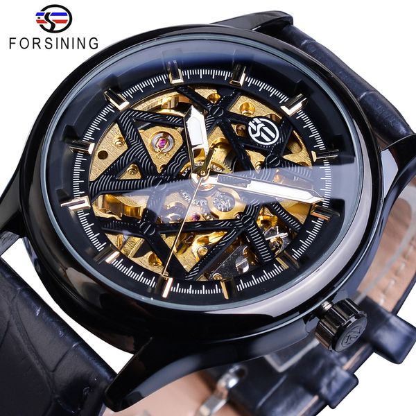 Forsining preto dourado retro luminoso mãos moda masculina esqueleto mecânico relógios de pulso de couro marca superior relógio de luxo montre