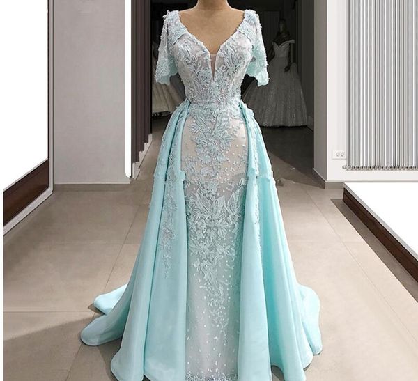 

2020 sky blue muslim evening dresses mermaid short sleeves appliques lace pearls dubai saudi arabic long formal evening gown, Black;red