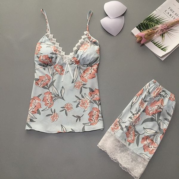 

summer pajamas sets women's floral print v-neck padded chest lingerie nighties pijamas sets satin & lace short pants, Black;red