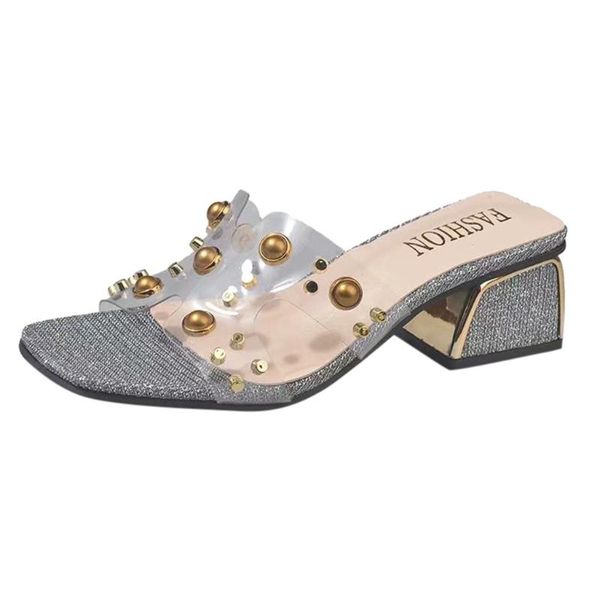 

sagace sandals slip-on square heel summer women transparent rhinestones peep-toe thick office sandals flip-flops shoes travel 3, Black