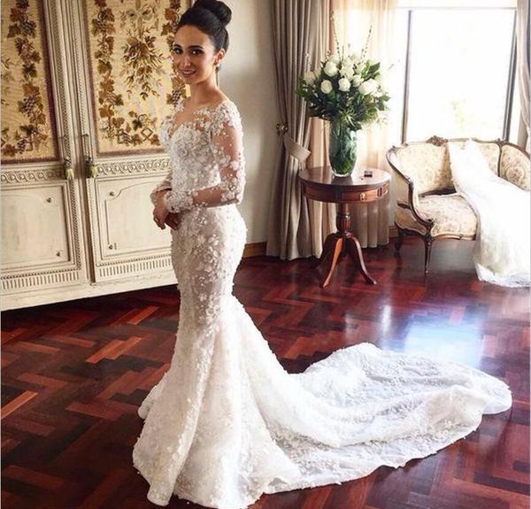 

Sheer Neck 3D Appliques Luxury African Bridal Gowns Vintage Long Sleeves Wedding Dresses Long Two Styles Full Lace Mermaid Wedding Dress