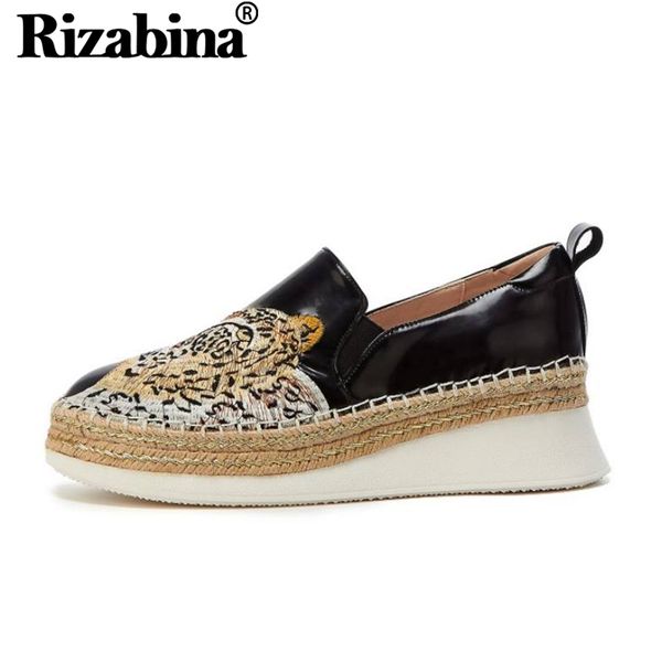 

rizabina fashion women flat shoes new design tiger pattern lazy shoes women real leather platform round toe footwear size 34-39, Black