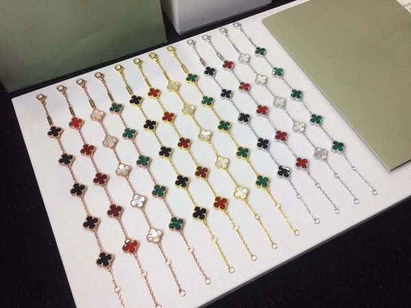 

europe america lady women brass vintage mini five motifs onyx mother of pearl malachite carnelian four leaf flower 18k gold chain bracelet, Black