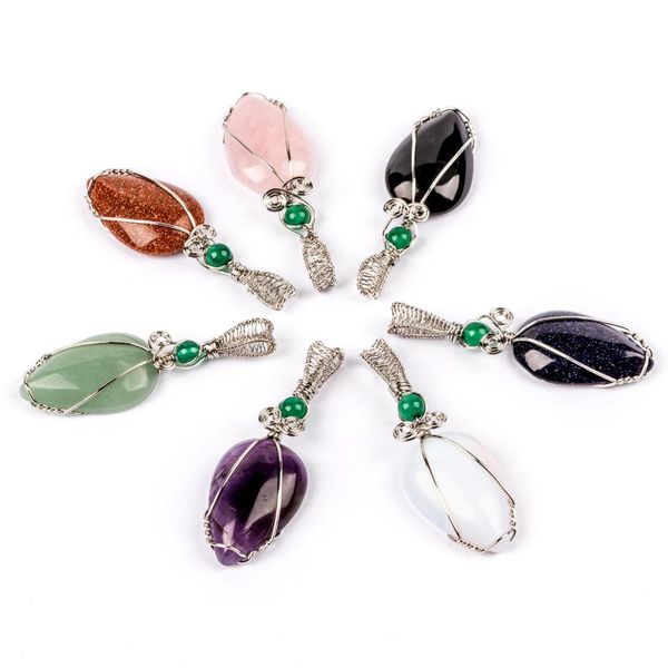 

natural stone crystal hand-wound drop-shaped pendant semi-precious stone pendant for jewelry making diy necklace accessories, Bronze;silver
