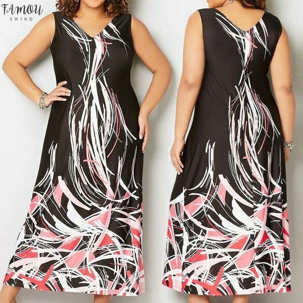 

2020 women's large size summer v-neck floral print bohemian sleeveless long dress casual comfortable fashion dress, Black;gray