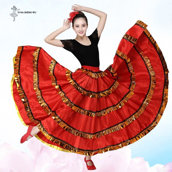 

women belly dance costume long dance skirt spain bullfighting bellydance big swing skirt performance gypsy dancewear, Black;red