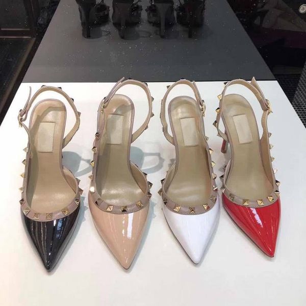 

2020 rivets wedding shoes pumps dress shoes nude patent leather luxury designer sandal new fashion high heels for women party sandals, Black