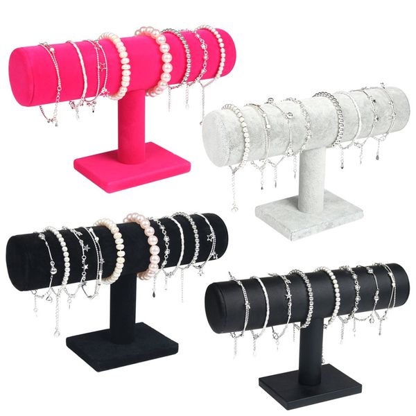 

newly portable velvet/pu leather bracelet bangle necklace display stand holder watch jewelry organizer t-bar rack, Pink;blue