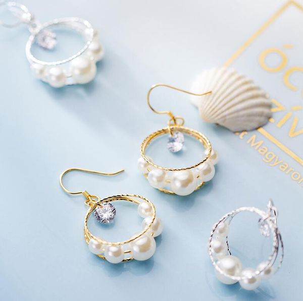 

s925 silver earrings charm women small fresh and diamond double layer shell bead synthetic pearl earrings