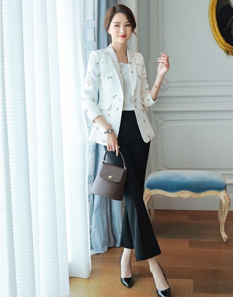

fashion ladies white print blazer women business suits with pant and jacket sets work wear office uniform styles, White;black